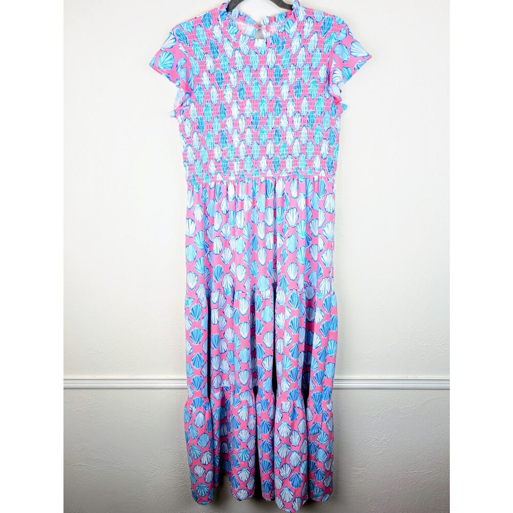 Simply Southern Dress Maxi Shell Novelty Tiered Preppy Beach Pink Blue Size L - Picture 2 of 11
